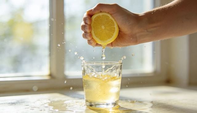 Hand squeezing lemon over glass with splashing juice and droplets by sunlit window