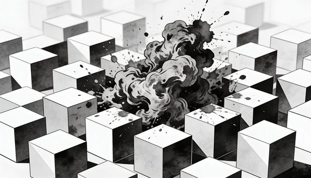Monochrome Ink Explosion Over Geometric Cube Grid High-Contrast Abstract Plume Splatter