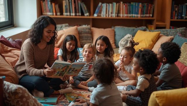 Reading teacher leading storytime with diverse preschool children in cozy library nook