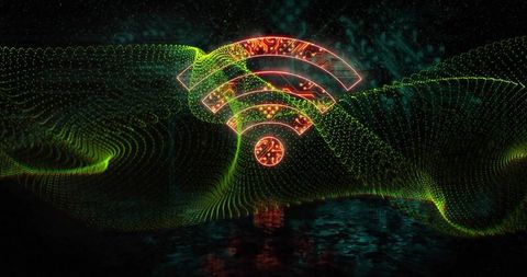 Glowing wifi icon in futuristic digital landscape