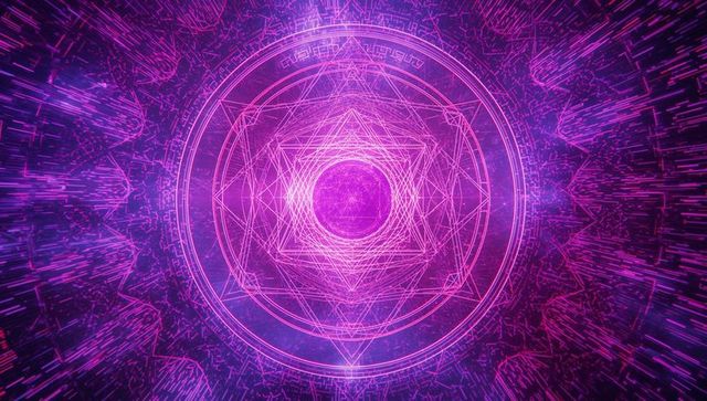 Cybernetic neon geometric symbol in digital space