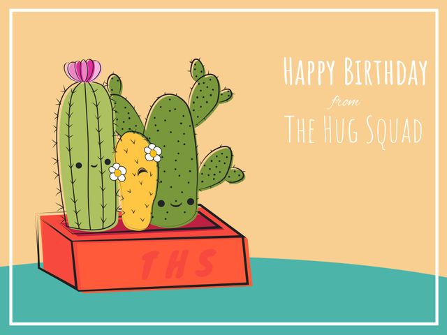 This colorful and cheerful illustration features adorable animated cacti with a happy birthday message from the Hug Squad. It is ideal for birthday cards, friendly notes, digital greetings, and celebration announcements. The lively cartoon design creates a warm and festive atmosphere, making it suitable for all ages and occasions. Use this image to spread birthday joy and positivity with a playful touch.