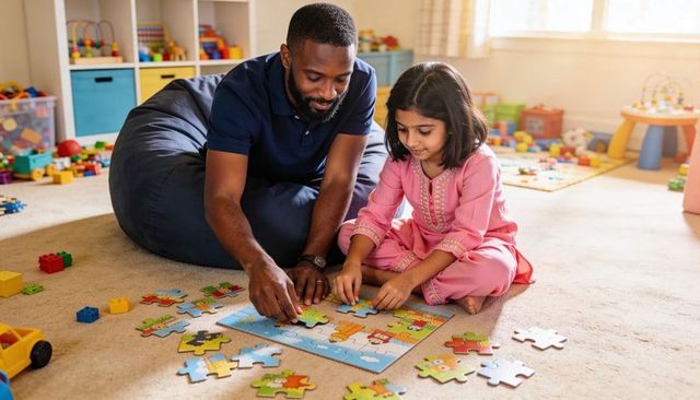 Adult and child assembling colorful jigsaw puzzle in sunlit playroom, warm bonding moment
