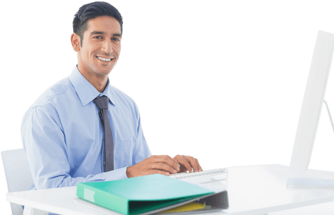 transparent startup entrepreneur sitting at computer desk smiling - Download Free Stock Videos Pikwizard.com