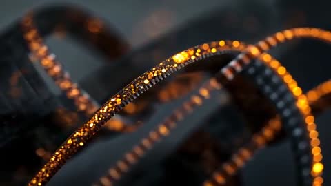 Futuristic Twisting Metallic Ribbons with Glowing Amber Particles