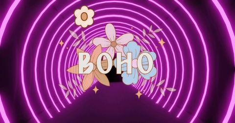 Glowing Boho Art in Neon Tunnel with Pastel Floral