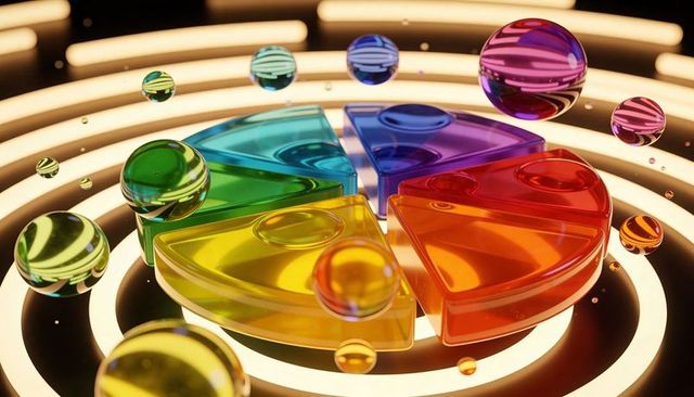Translucent rainbow wedge circle with floating glass marbles and neon rings