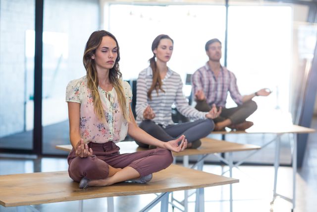 Business professionals are practicing yoga and meditation on office tables, promoting relaxation and mindfulness in the workplace. This image can be used for articles or advertisements related to corporate wellness programs, stress relief techniques, team building activities, and mental health awareness in professional settings.