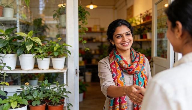 Plant shop owner wearing colorful scarf greeting customer with handshake and warm smile