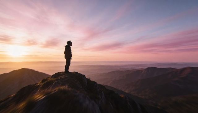 Standing hiker watching sunrise from mountain summit with pink sky and sweeping ridgelines