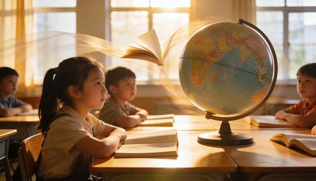 Sunlit classroom children discovering globe with floating book