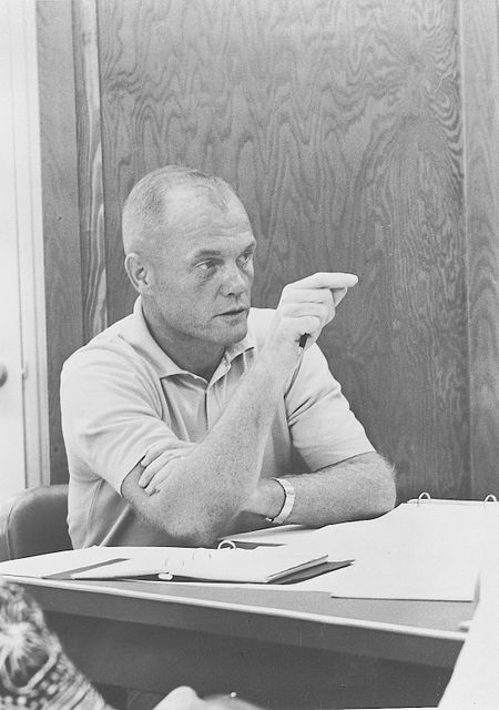 S61-04546 (1961) --- Astronaut John H. Glenn Jr., pilot of the Mercury-Atlas 6 (MA-6) "Friendship 7" mission, takes part in spacecraft systems briefing during preflight activity at Cape Canaveral, Florida. Photo credit: NASA
