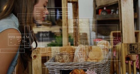 Woman Engaging with Technology at Farmer's Market Basket