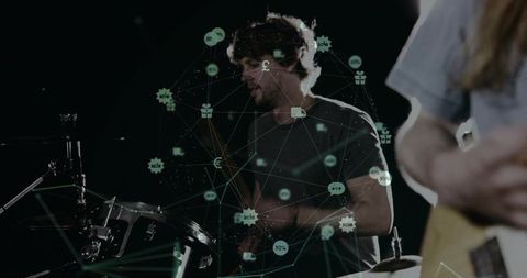 Musicians Performing with Digital Interface Overlay on Dark Stage