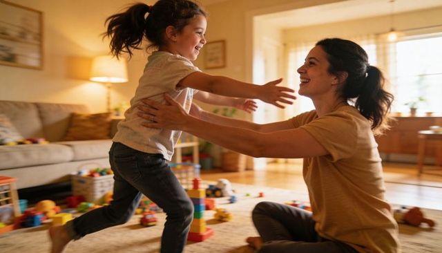 Mother catching daughter on living room rug with colorful toys, playful family moment