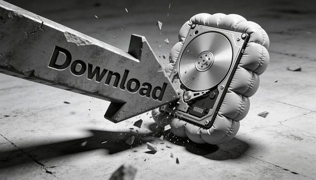 Download arrow crashing into air-cushion wrapped hard drive — data crash concept visual