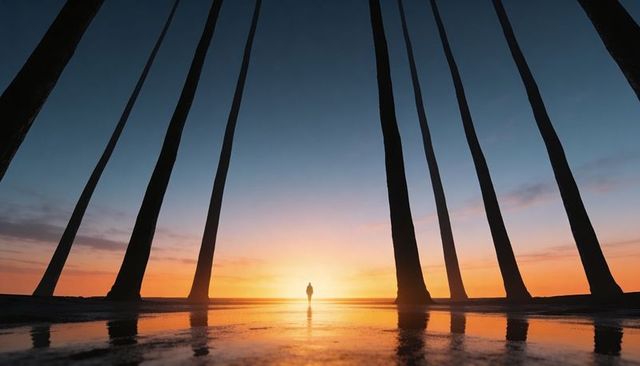Solitary figure walking into sunrise framed by palm silhouettes and reflective sand
