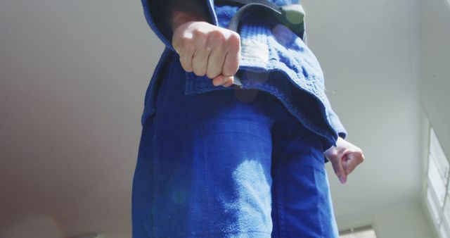 Martial Artist in Blue Uniform Fist Clench Ready for Action - Download Free Stock Images Pikwizard.com