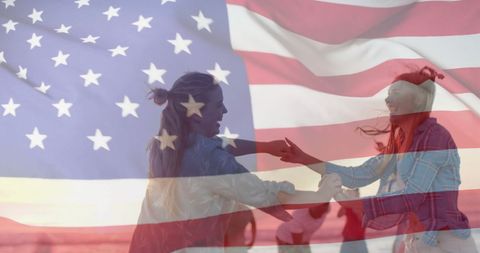 Friends Celebrating on Beach with American Flag Superimposition