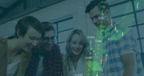 Colleagues Analyzing Financial Market Trends with Digital Overlay