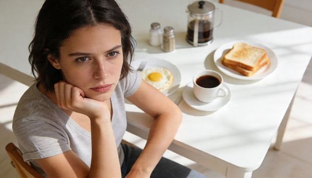 Young woman contemplating morning light resting chin on hand at breakfast with coffee