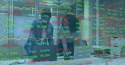Diverse colleagues discussing ideas in stock market environment