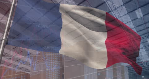 French Flag Overlapping Financial Data in Modern Warehouse Scene