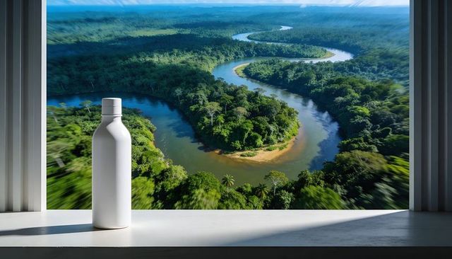 Minimalist white bottle on window ledge overlooking meandering tropical jungle river panoramic view