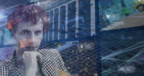 Businessman Contemplating Social Media Strategies in Server Room