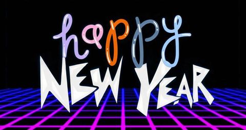Glowing retro neon happy new year lettering over magenta-blue grid synthwave backdrop