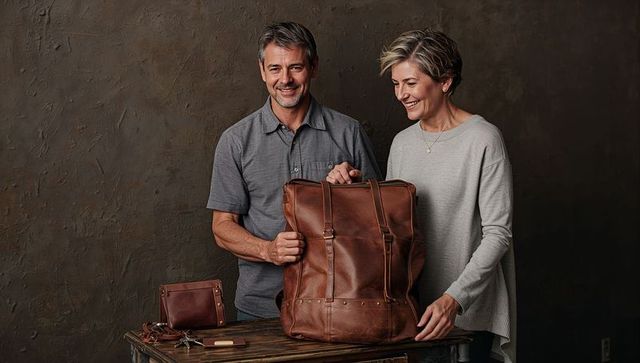 Middle-aged couple holding brown leather backpack over rustic textured backdrop