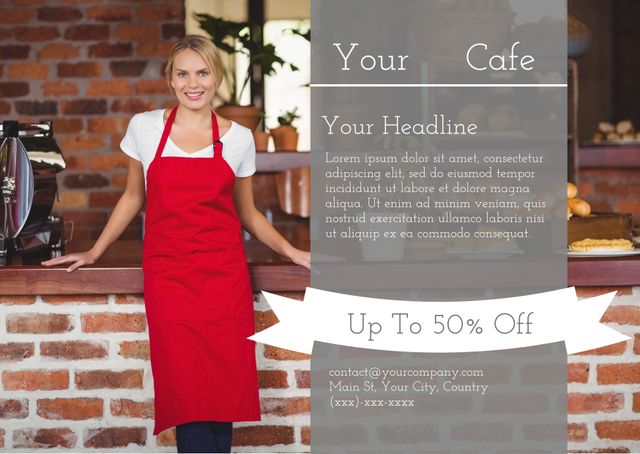 Smiling Waitress in Red Apron Promoting Coffee Shop Specials - Download Free Stock Templates Pikwizard.com