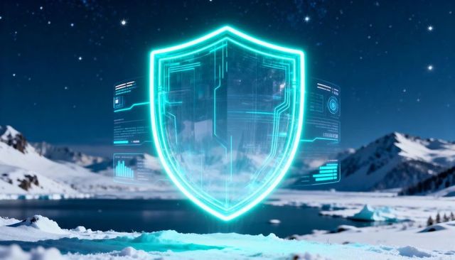 Neon Holographic Shield Hovering Over Snowy Lake at Night Displaying Floating Data UI
