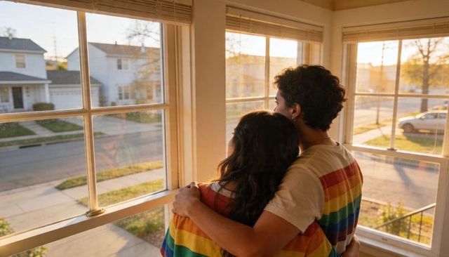 Sunset embrace: young couple wearing rainbow tees hugging at bay window in suburban home