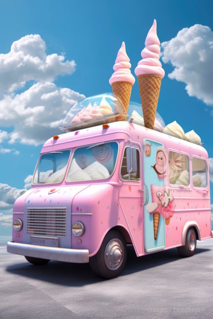 Pink and blue retro ice cream truck in street, created using generative ai technology. Ice cream truck, summer and vintage concept digitally generated image.