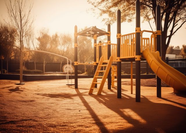 Scene depicting an empty playground with equipment like slides and ladders, with the warm light of the sunset casting long shadows. The orange hue suggests an autumn setting, enhancing the serene and peaceful atmosphere. Ideal for use in themes related to childhood, outdoor recreation, parks, solitude, environmental serenity, or tranquil moments.