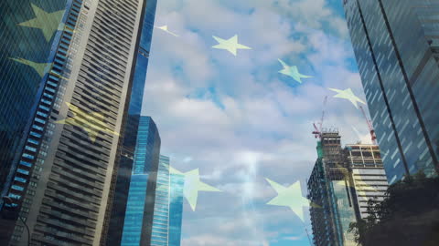 European Union Flag Overlaying Modern Cityscape
