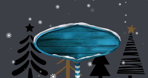 Snowy Blue Wooden Signpost in Winter Scene with Stylized Christmas Trees