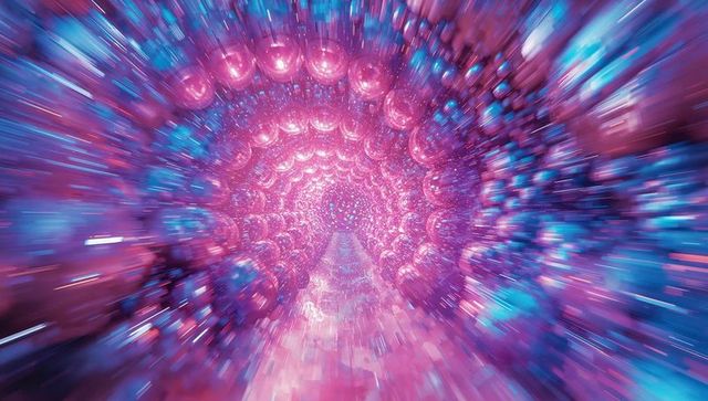 Vibrant futuristic tunnel with reflective spheres