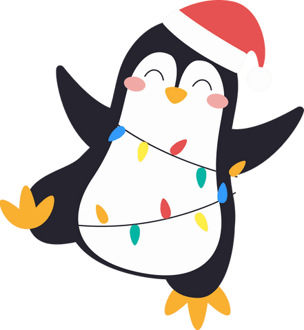 Festive Cartoon Penguin with Santa Hat and Christmas Lights