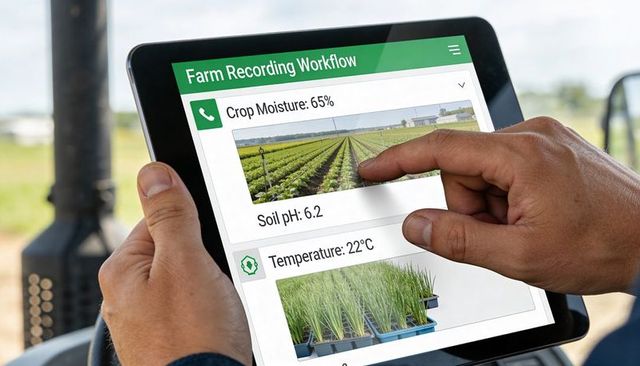 Farmer tapping tablet in tractor cab monitoring crop moisture, soil ph, temperature dashboard