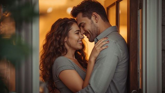 Young couple sharing intimate forehead touch in warm doorway light, smiling and embracing