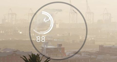 Futuristic HUD Overlay Sepia Waterfront Port Globe Interface and Harbor Cranes