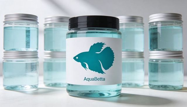Aquabetta premium glass jar with turquoise liquid and minimalist label on studio tabletop