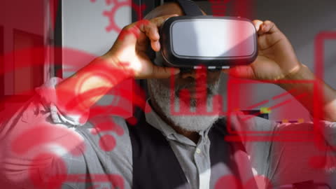 African American Businessman Experiencing Virtual Reality with Digital Icons