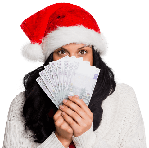 Festive woman holding euro notes with santa hat on transparent background