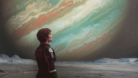 Female space explorer gazing at massive colorful gas giant over icy alien plain