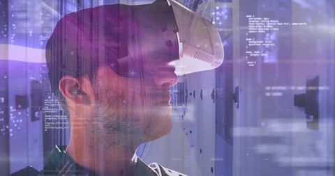 Businessman Wearing VR Headset Immersed in Digital World