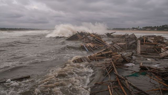 Raging Waves Engulfing Debris at Stormy Coastline