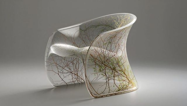 Transparent sculptural chair showcasing organic twig network and green tendrils in acrylic